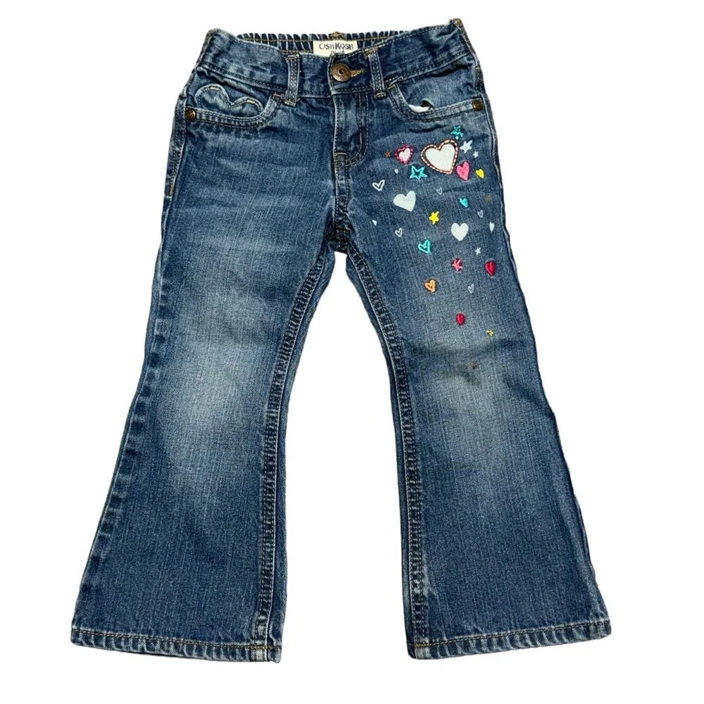 OshKosh Flare Denim Jeans Heart Embroidered Girls Size 3T Blue Pink‎ Casual